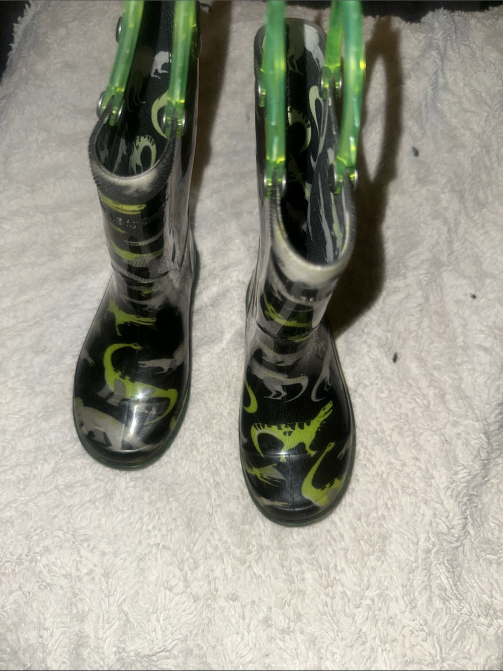 Kids Size 8 Black & Neon Green Dinosaur Rain Boots